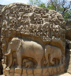 Arjuna's Penance carved on a rock. It is the first carving to be seen