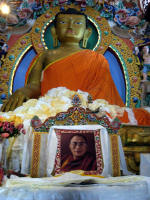 Gilded Buddha with a photo of the Dalai Llama underneath
